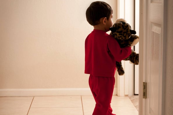 Toddler carrying a teddy bear