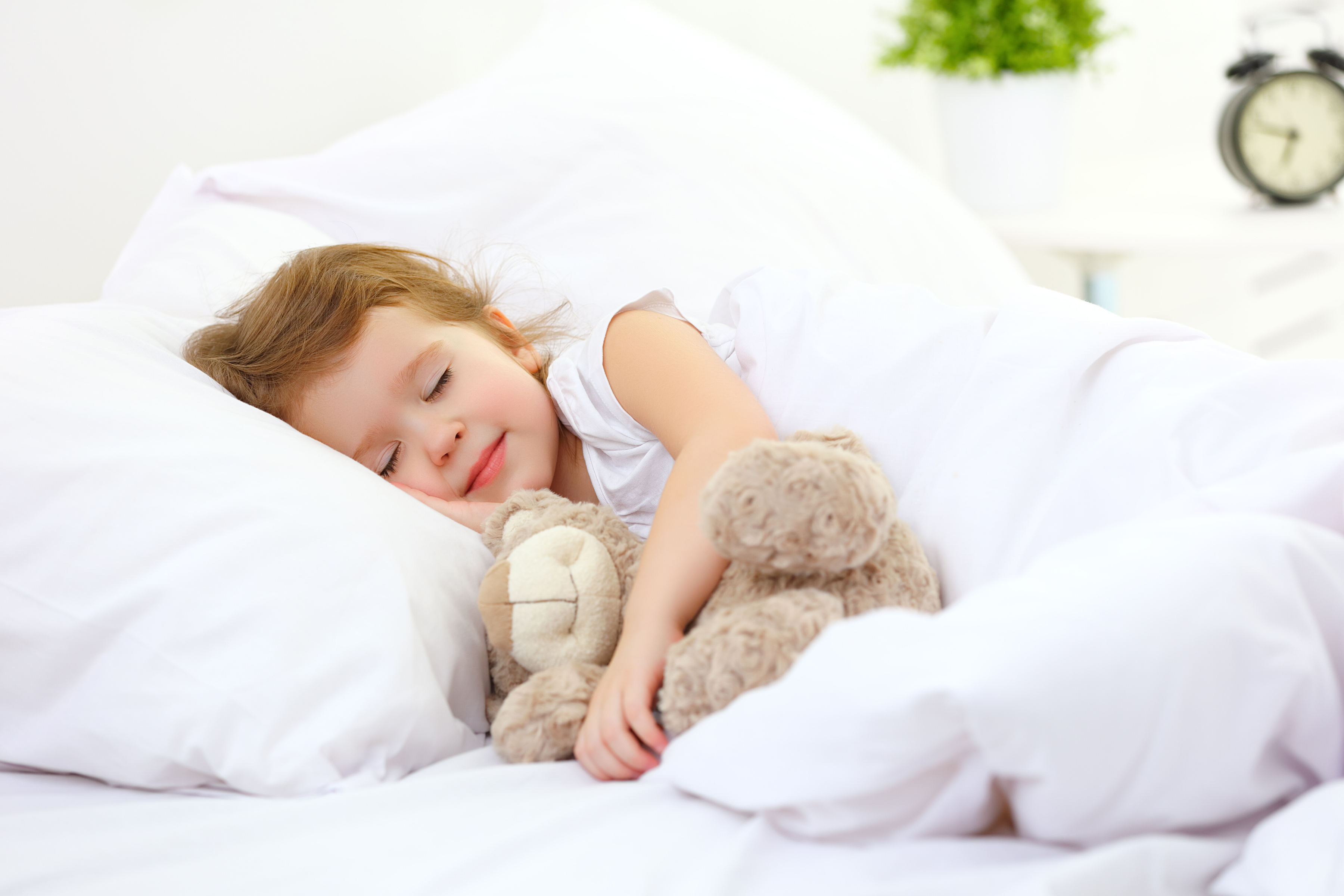 Toddler sleeping in bed while holding a teddy bear