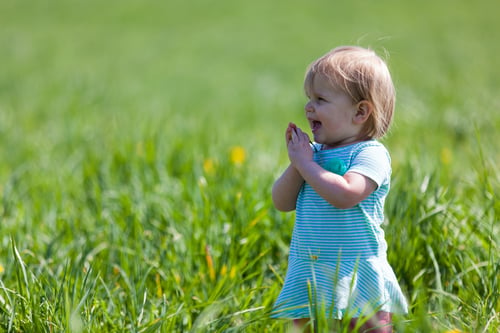 Happy toddler outdoors surrounded by grass