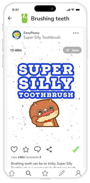 Phone showing Super Silly Toothbrush content of a cartoon bear brushing their teeth and face with a toothbrush