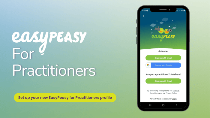 EasyPeasy for Practitioners promotional screen displaying the app interface on a mobile phone, showcasing options to sign up or log in, with a call to action to set up a new profile for practitioners.