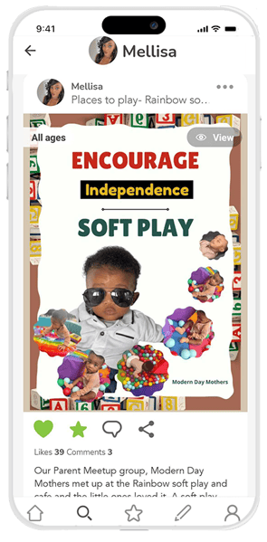 Encourage soft play content. Picture of a baby with sunglasses on with many smaller pictures of the child enjoying the play area and ball pit.