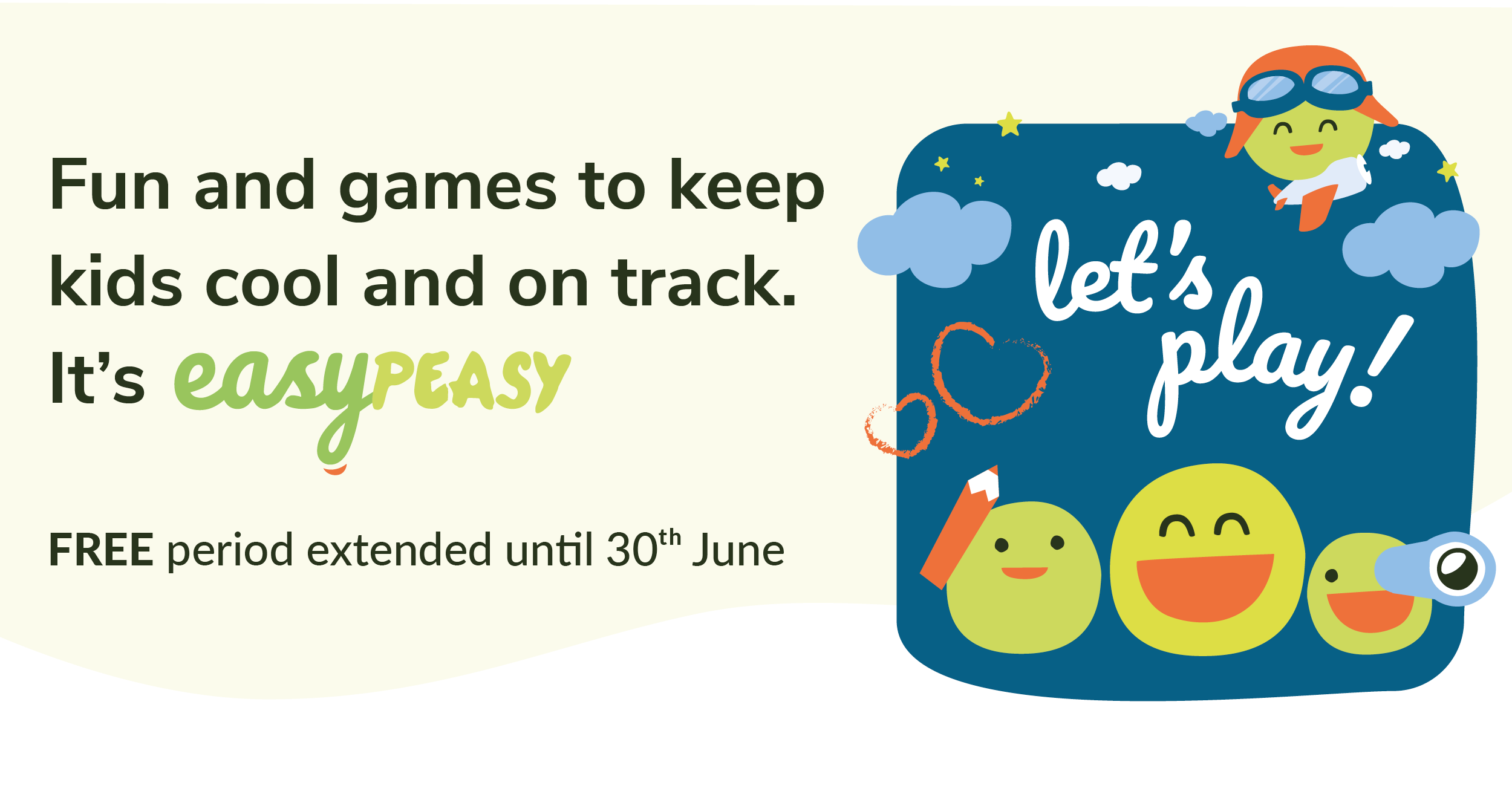 EasyPeasy peas illustration on a graphic promoting free parents and practitioners access up to 30th June 2020