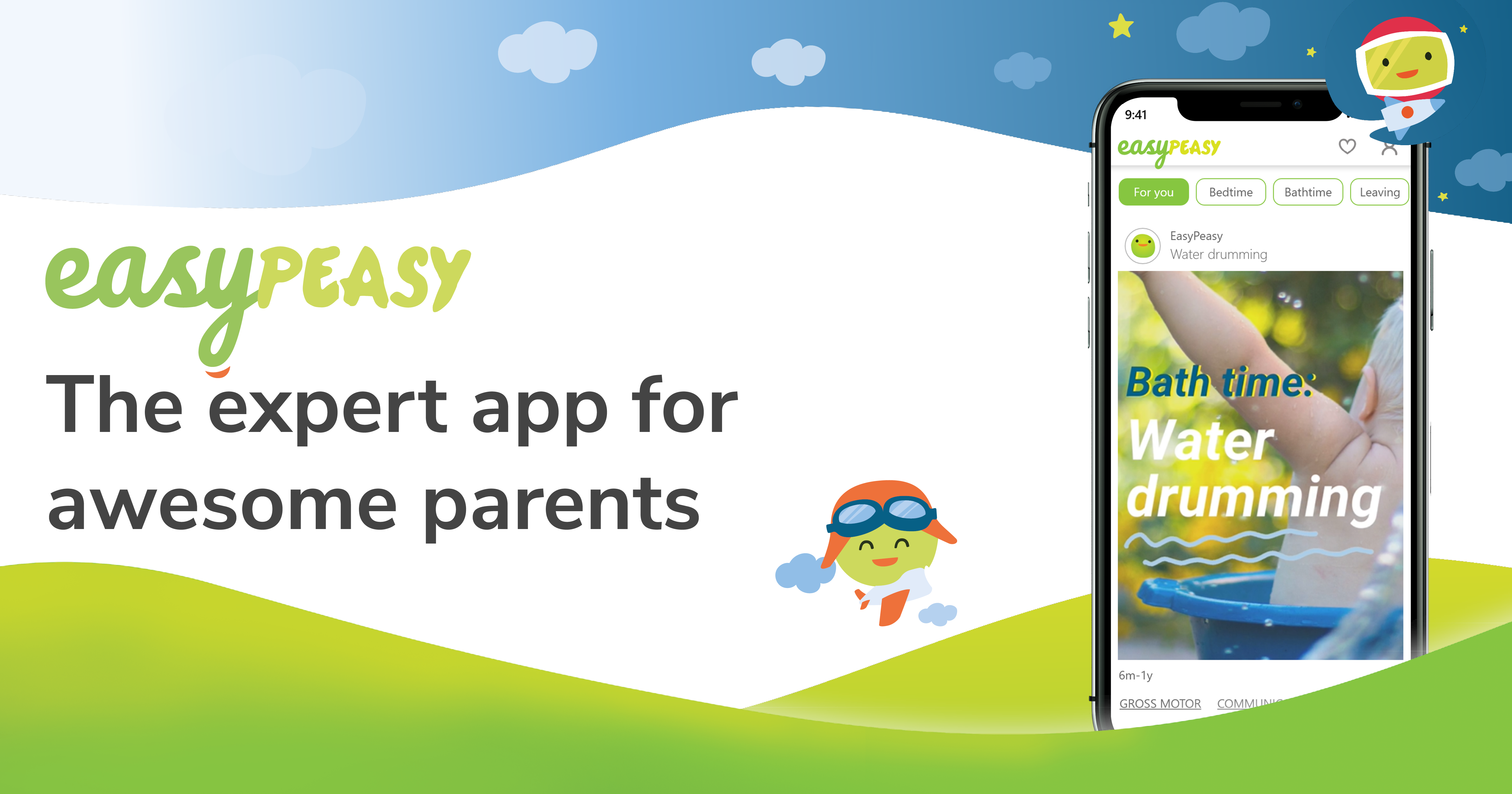 EasyPeasy App for parents on an iPhone with EasyPeasy graphics behind the phone