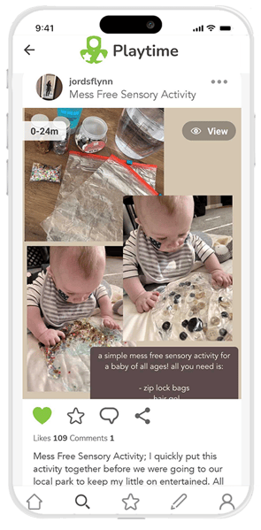Mess free sensory activity by JordsFlynn. Showing a toddler patting on different bags filled with colourful stones and glitter