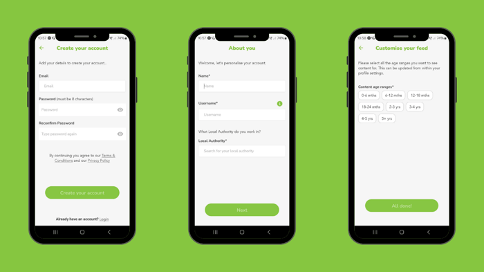 Step-by-step EasyPeasy account creation screens on a mobile phone, including forms for entering email and password, personalising account details with name and local authority, and customising content feed by selecting age ranges.