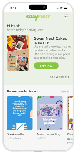 A phone showing off the Daily content and Recommended for you sections of the EasyPeasy app home screen