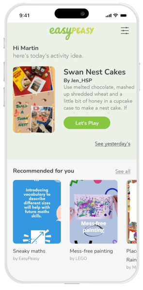 A phone showing off the Daily content and Recommended for you sections of the EasyPeasy app home screen