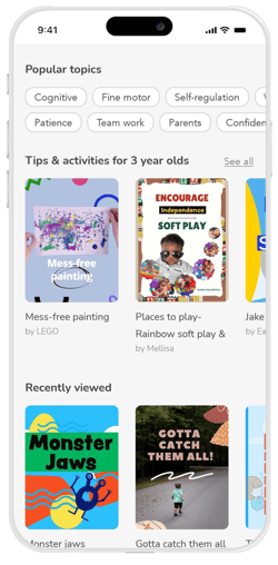 A phone showing off the Popular topics and Tips and Activities for your age rangesections of the EasyPeasy app home screen