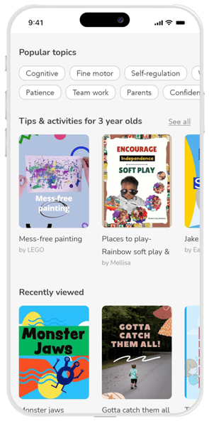 A phone showing off the Popular topics and Tips and Activities for your age rangesections of the EasyPeasy app home screen