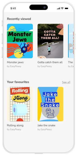 A phone showing off the Recently viewed and Your Favourites sections of the EasyPeasy app home screen