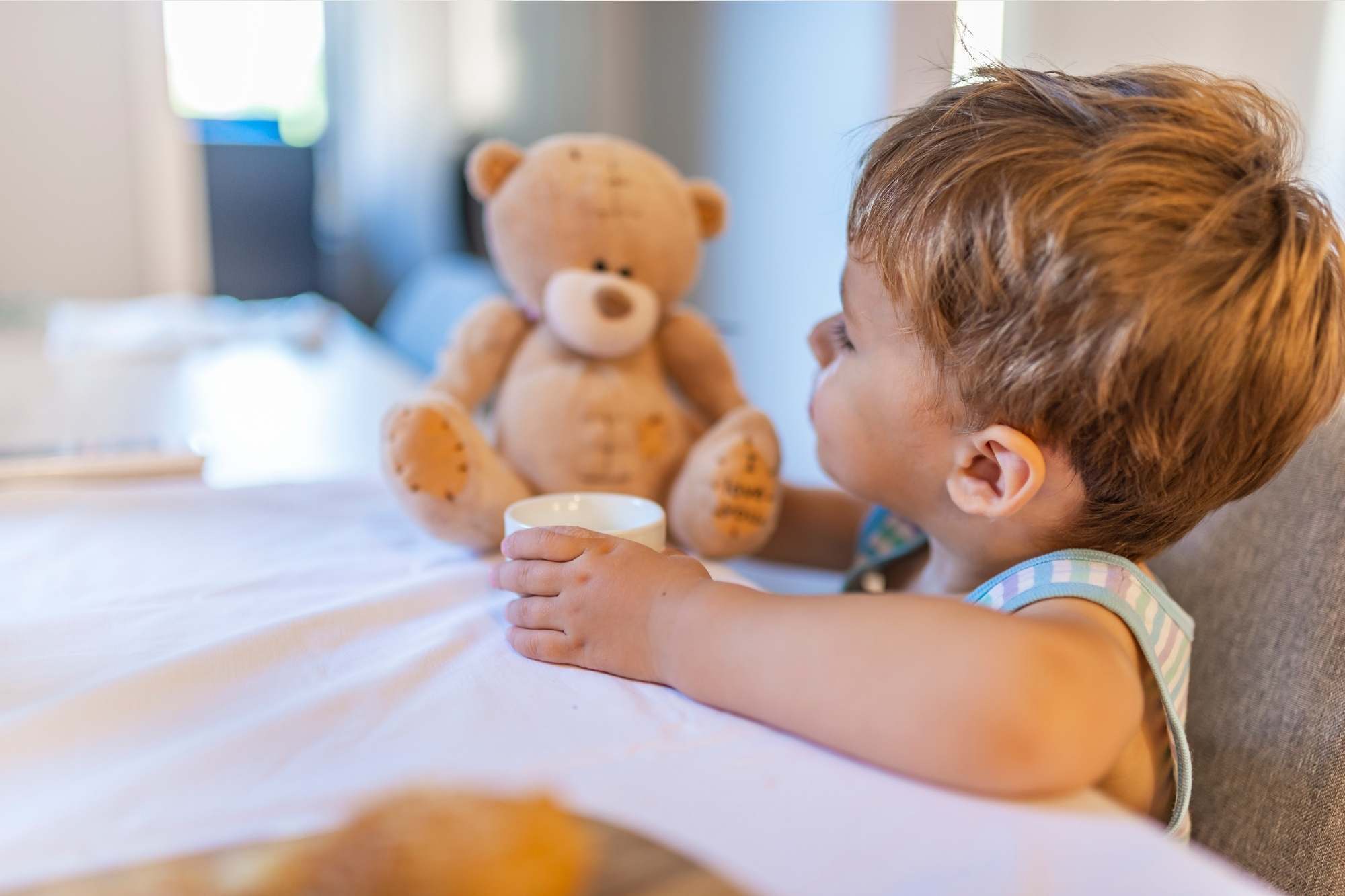 Little boy playing with his bear - imaginary play