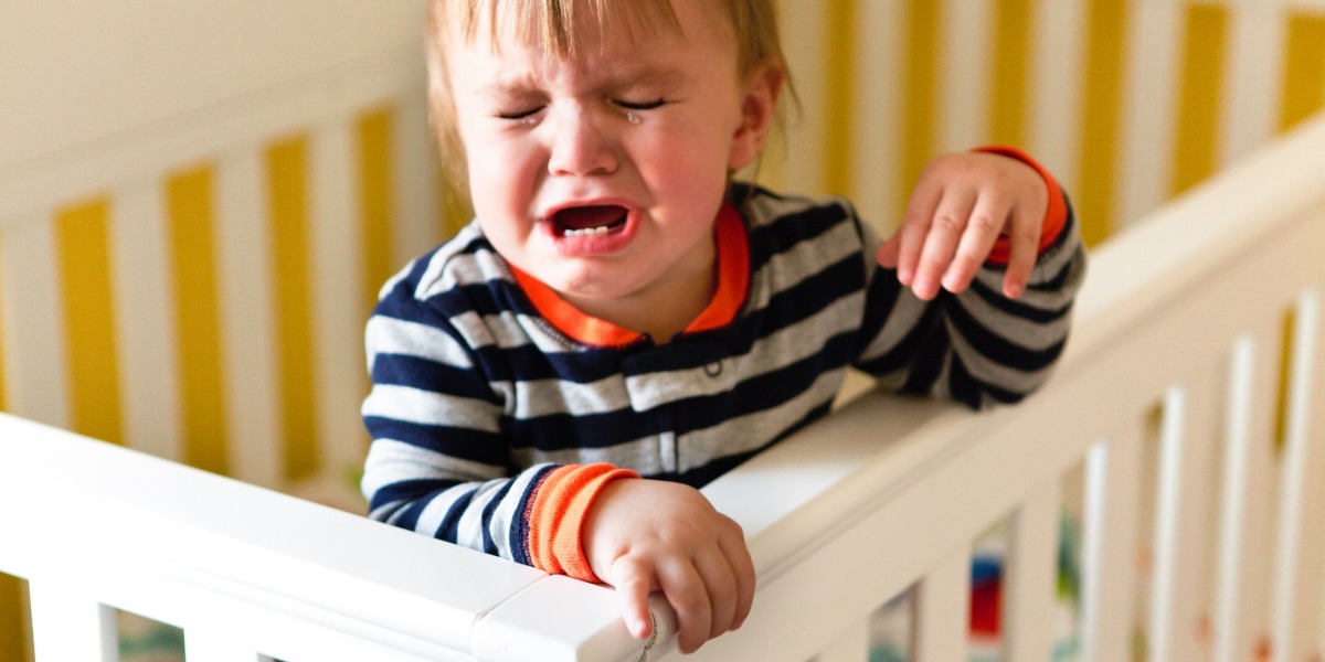 Toddler standing up in their cot, having a tantrum
