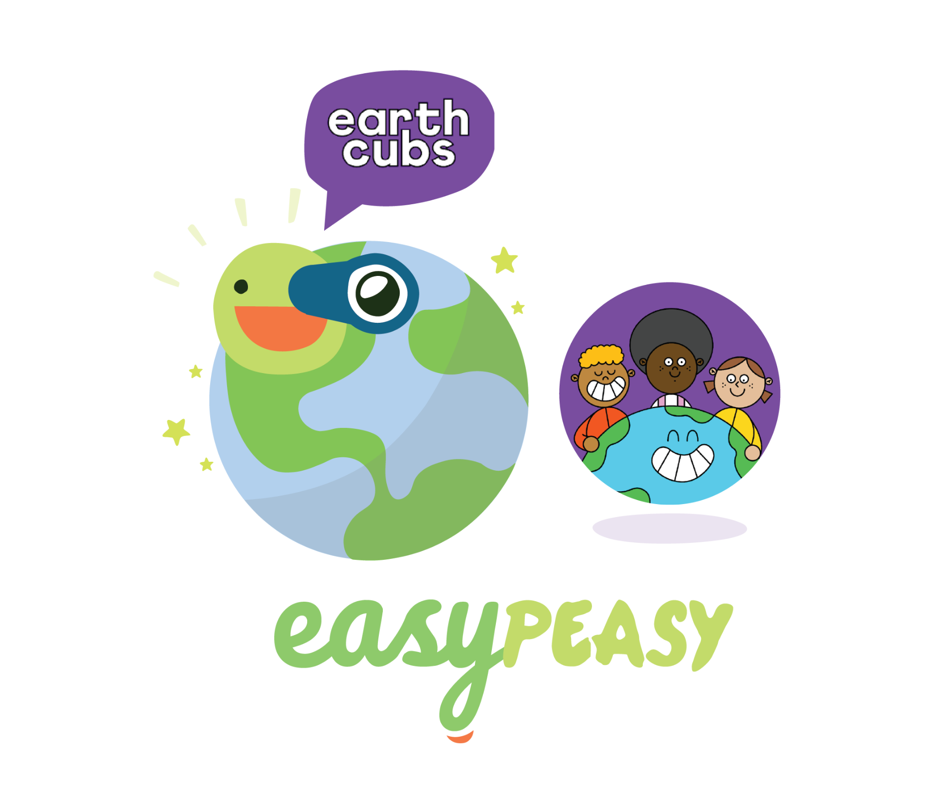 EasyPeasy pea and children worldwide hoovering over earth looking at Earth Cubs